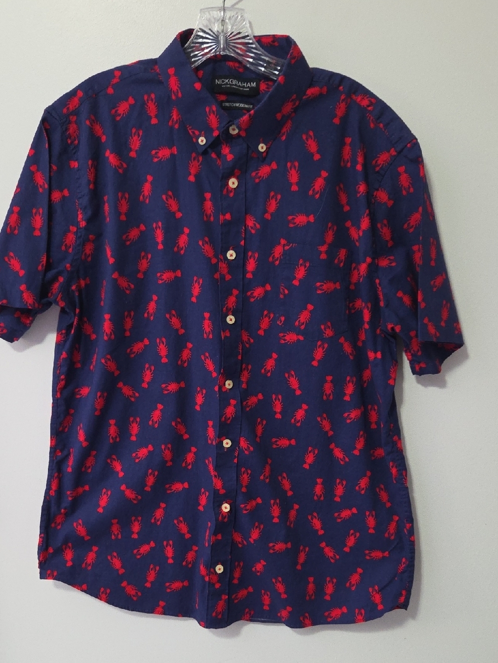 Nick Graham Navy Short-Sleeve Button-Down Shirt with Red Lobster Print